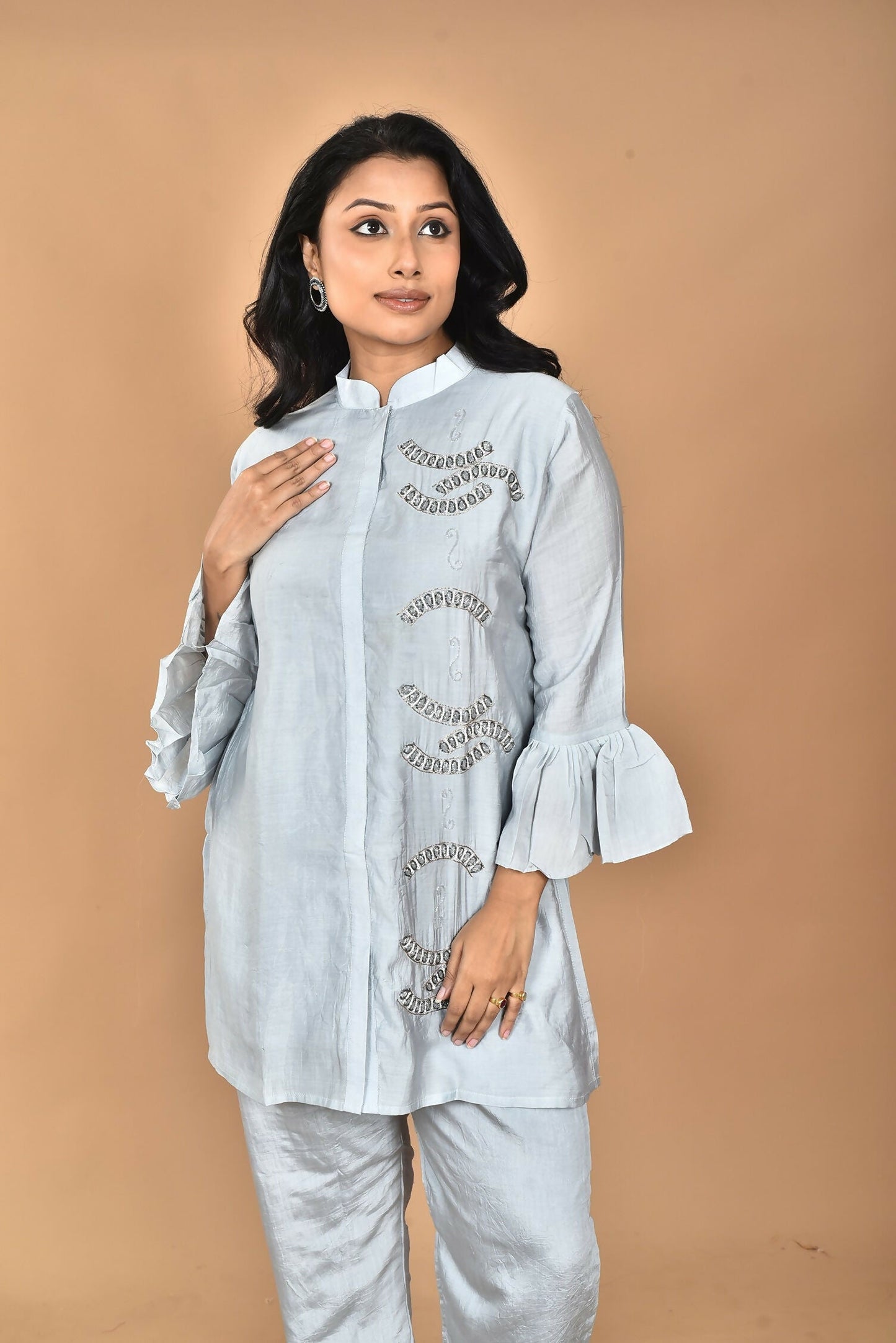 Morchari Women Hand Embroidery Co-Ords-Grey - Swadesiicart