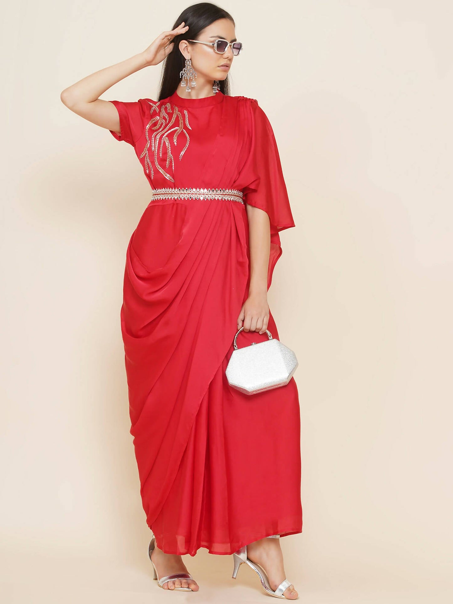Women Republic Red Hand Embelleshed Gown With Drape | Swadesiicart