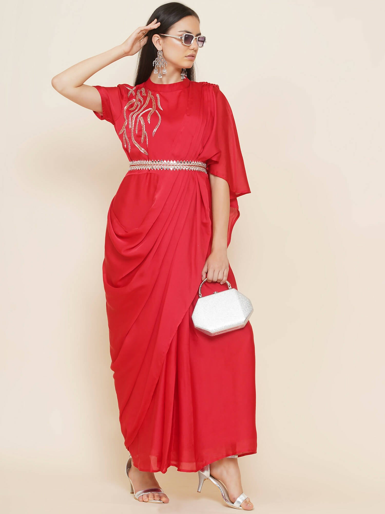 Women Republic Red Hand Embelleshed Gown With Drape | Swadesiicart