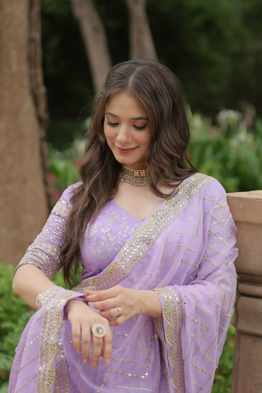 Lorenvalley Lavender Pure Viscose Jacquard with Golden Embroidered Sequins work Lehenga Choli | Swadesiicart