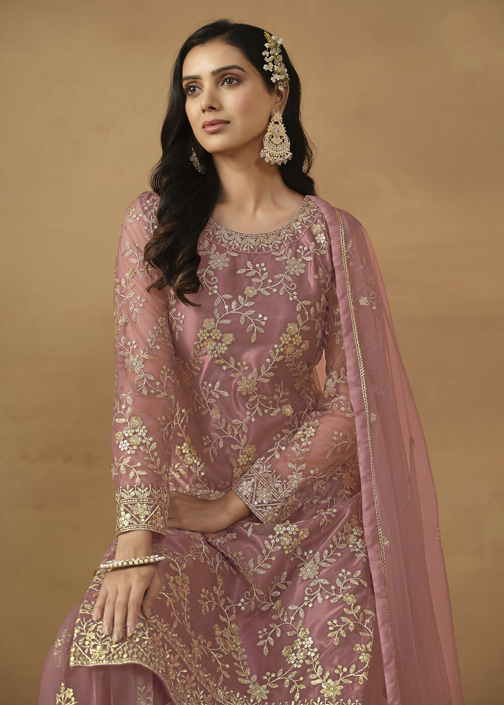 Old Rose Net Embroidered Wedding Festive Gharara Suit - Emponline | Swadesiicart