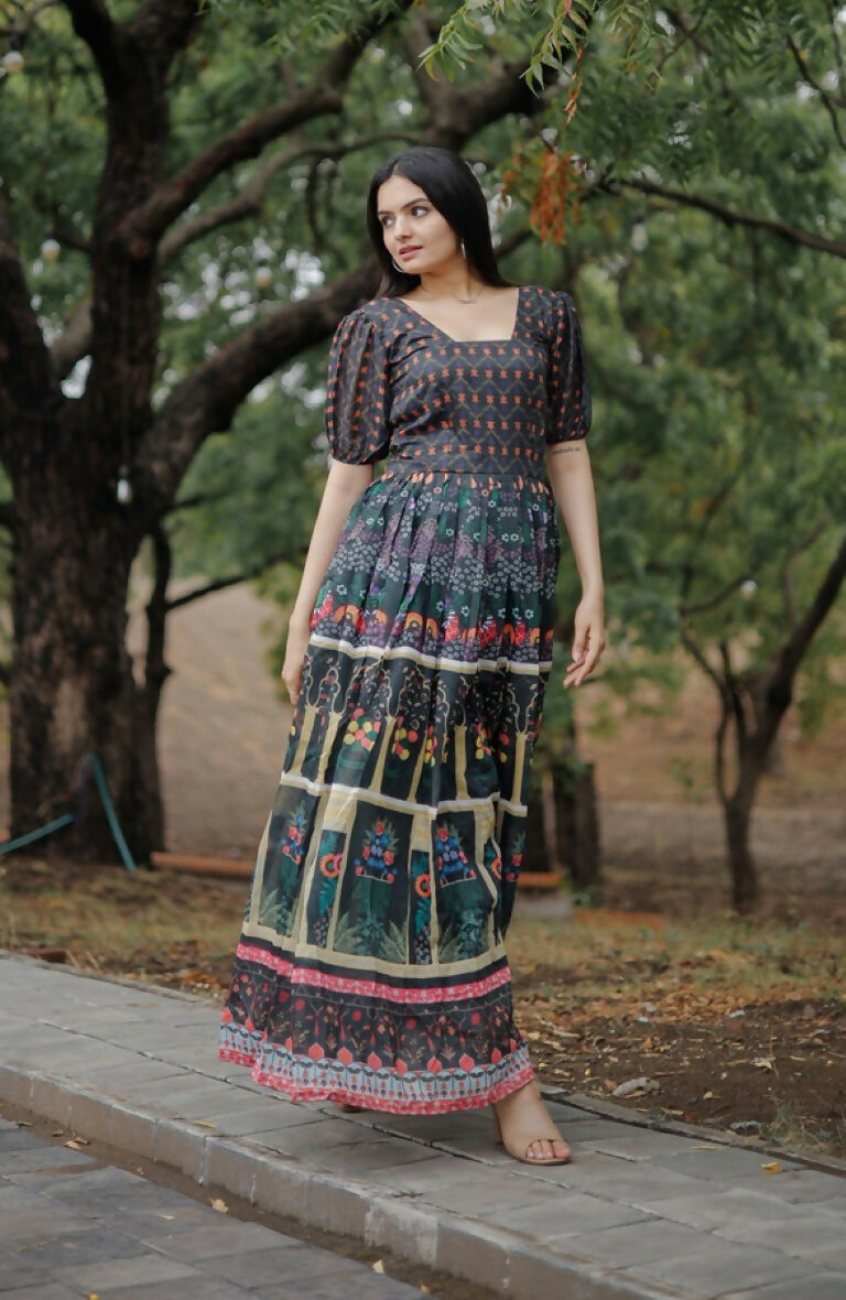 Jyoti Fashion Women's Black Heavy Digital Printed Pure Chanderi Anarkali Dress | Swadesiicart