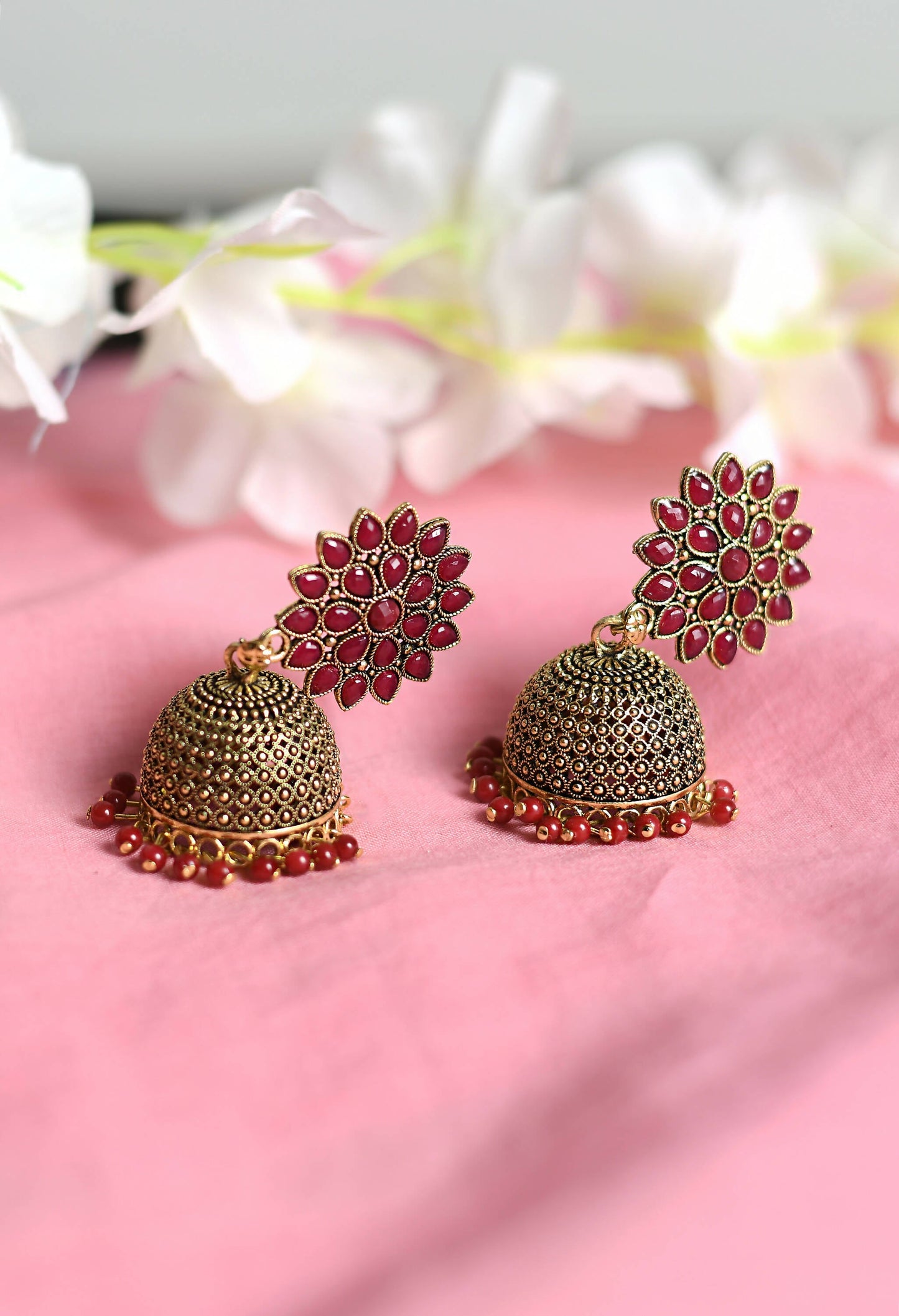 Mominos Fashion Joharkamal Kundan work Jhumka with Maroon Beads - Swadesiicart