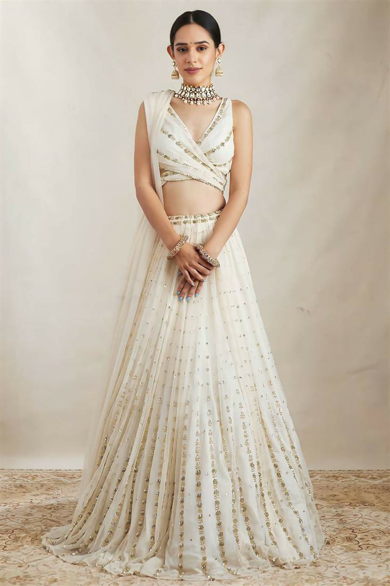 Jyoti Fashion Graceful Off White Sequence With Zari Embroidered Georgette Lehenga Choli with Dupatta | Swadesiicart