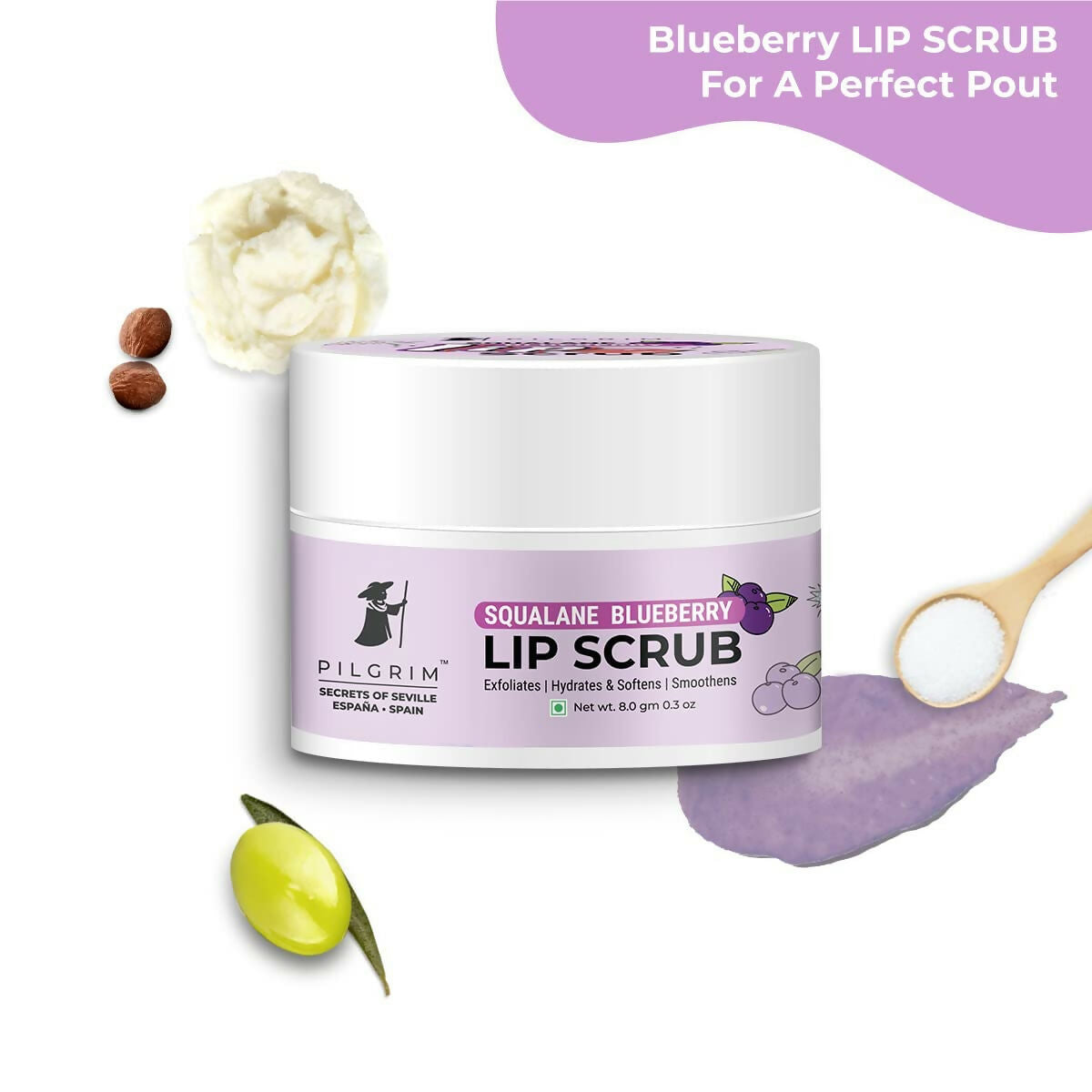 Pilgrim Spanish Lip Scrub (Blueberry) For Dark Lips, Gentle Exfoliation, Hydrated, Smooth & Soft Lips - Swadesiicart