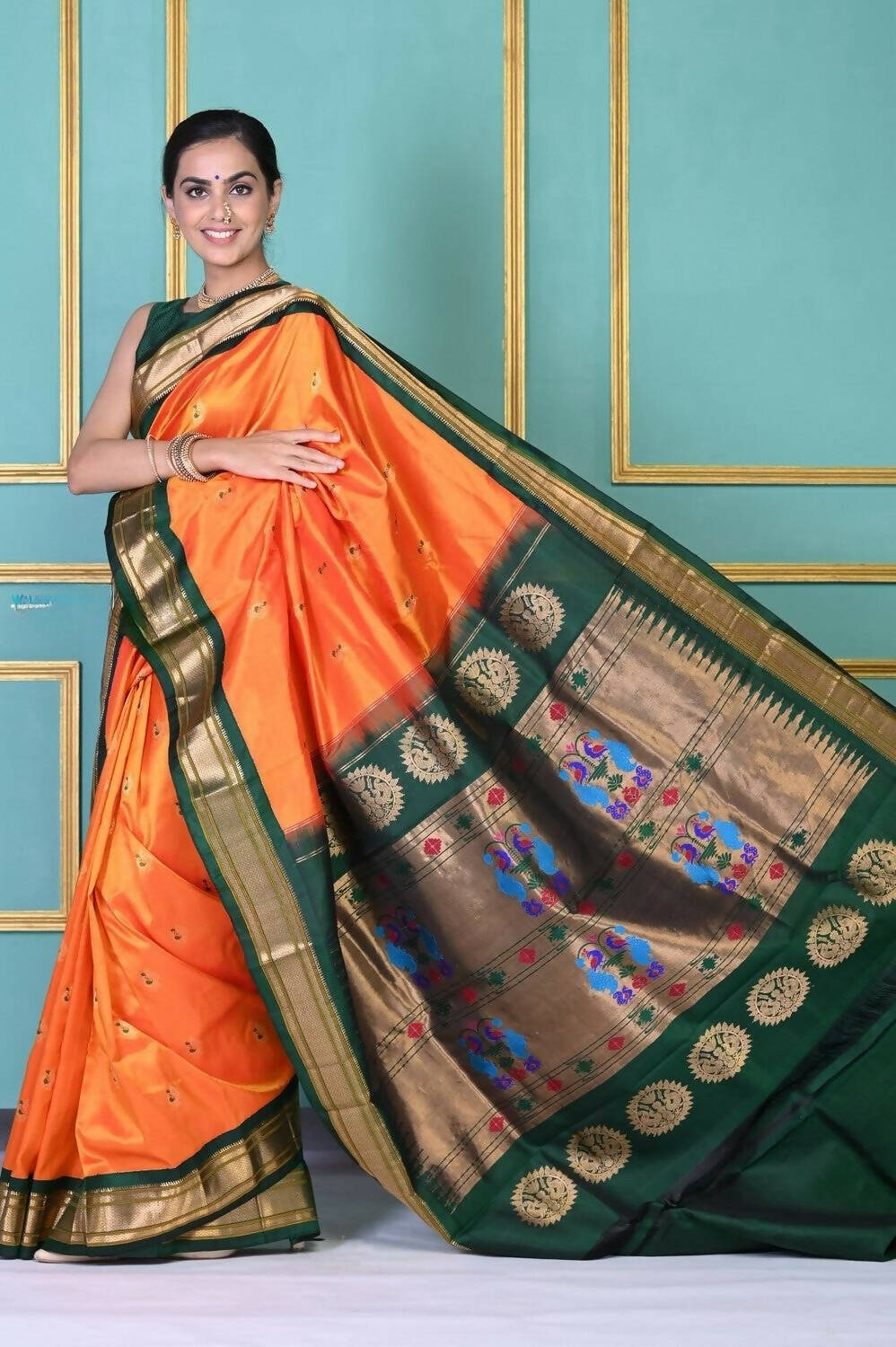 Very Much Indian Authentic Pure Silk Handloom Orange Maharani Paithani | Swadesiicart
