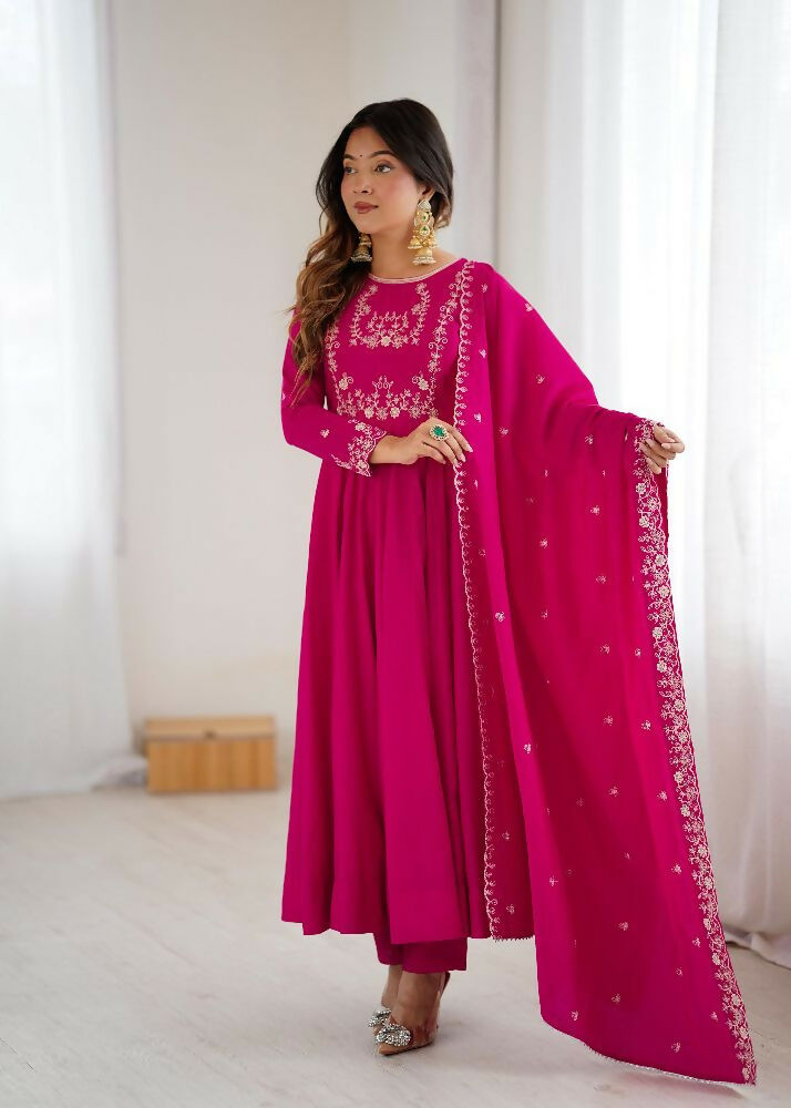 Joban Fashion Dark Pink Kurta Set Chanderi Sequence Embroidery Work - Swadesiicart
