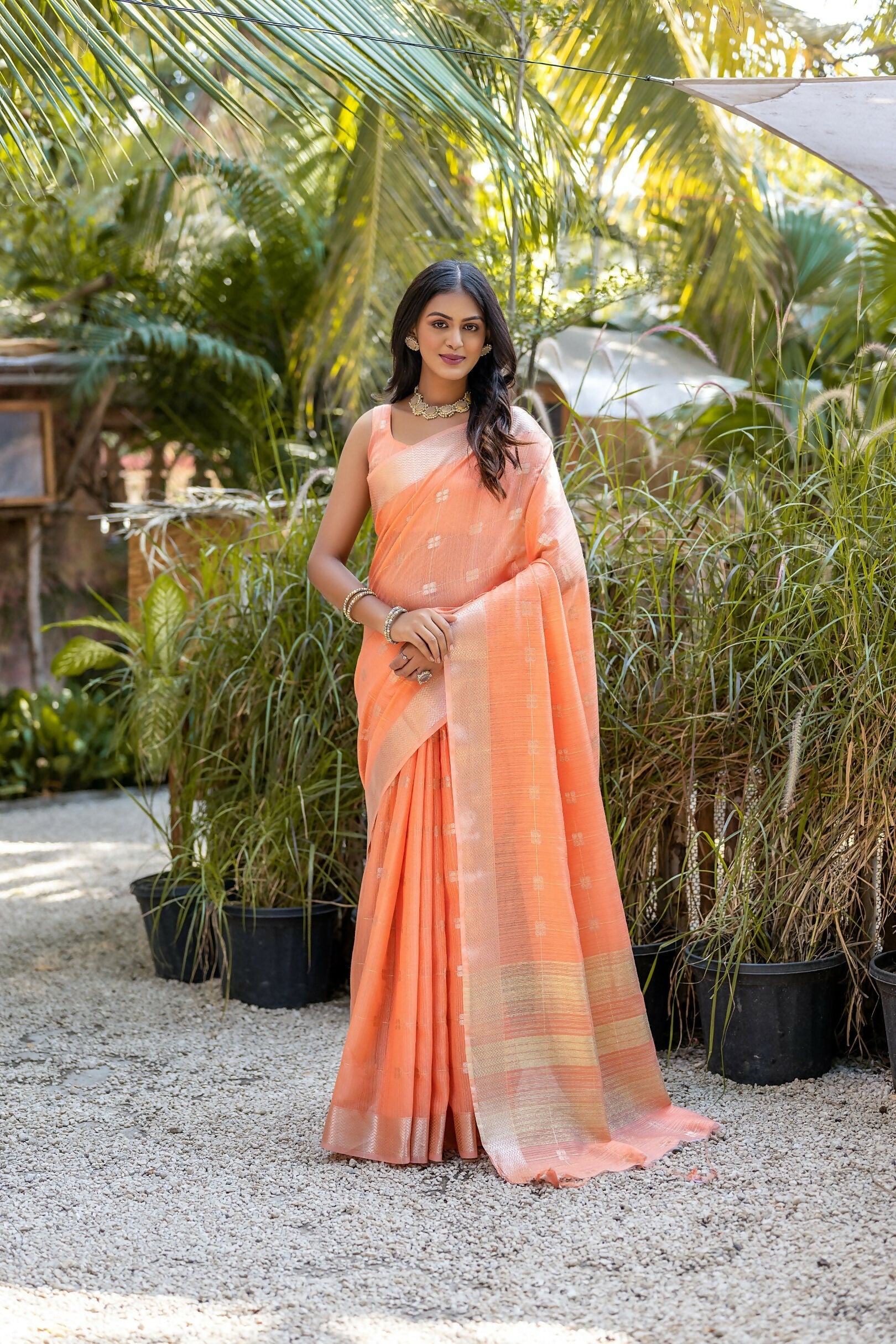 Vishnu Weaves Women's Orange Pure Cotton Zari Woven Saree with Blouse - Swadesiicart