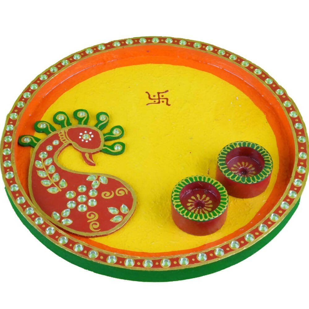 Kundan HandiKrafts Mdf Peacock Pooja Thali (Round) | Swadesiicart