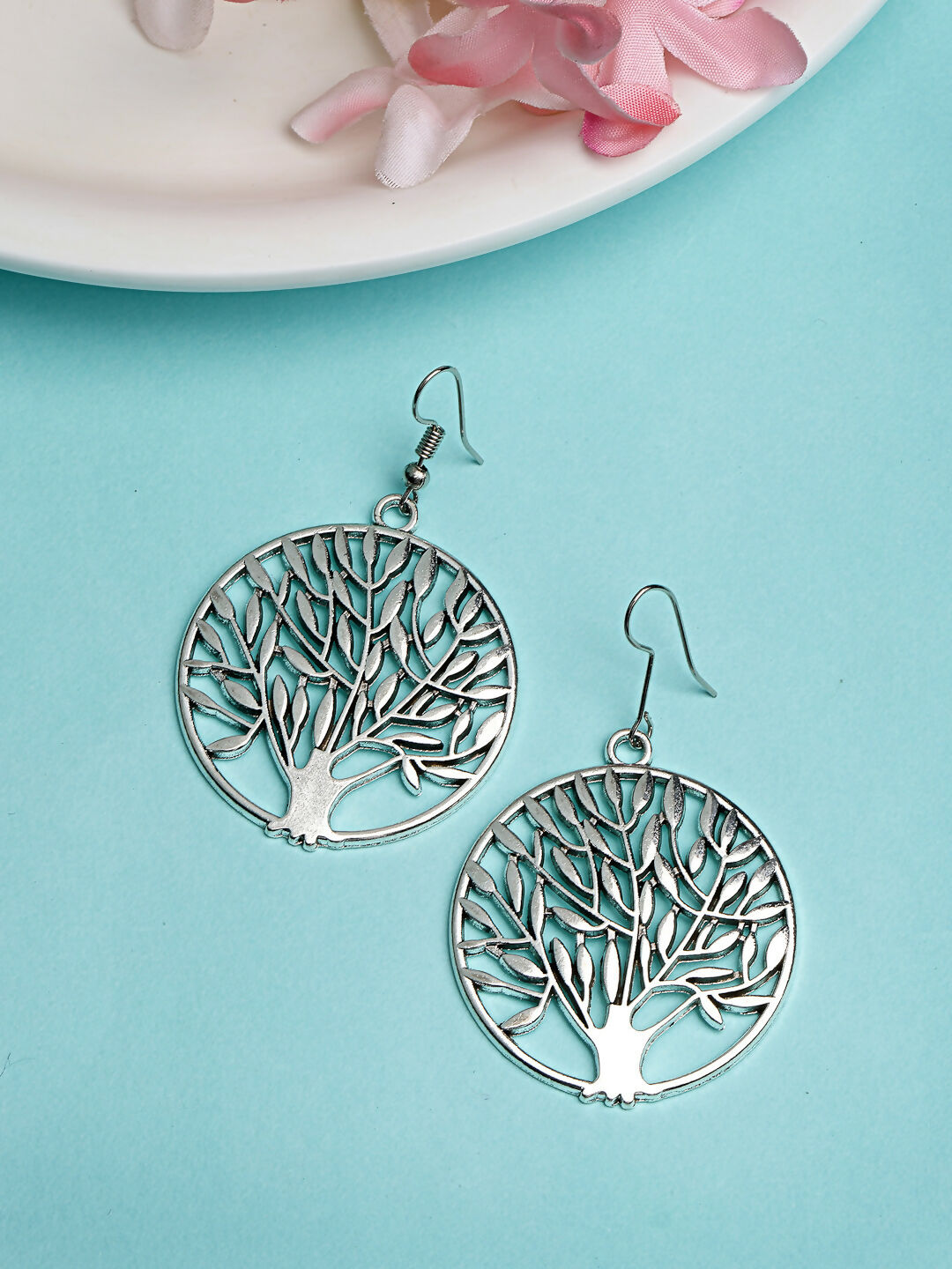 NVR Women's Silver-Toned Circular Shape German Silver Oxidised Drop Earrings - Swadesiicart