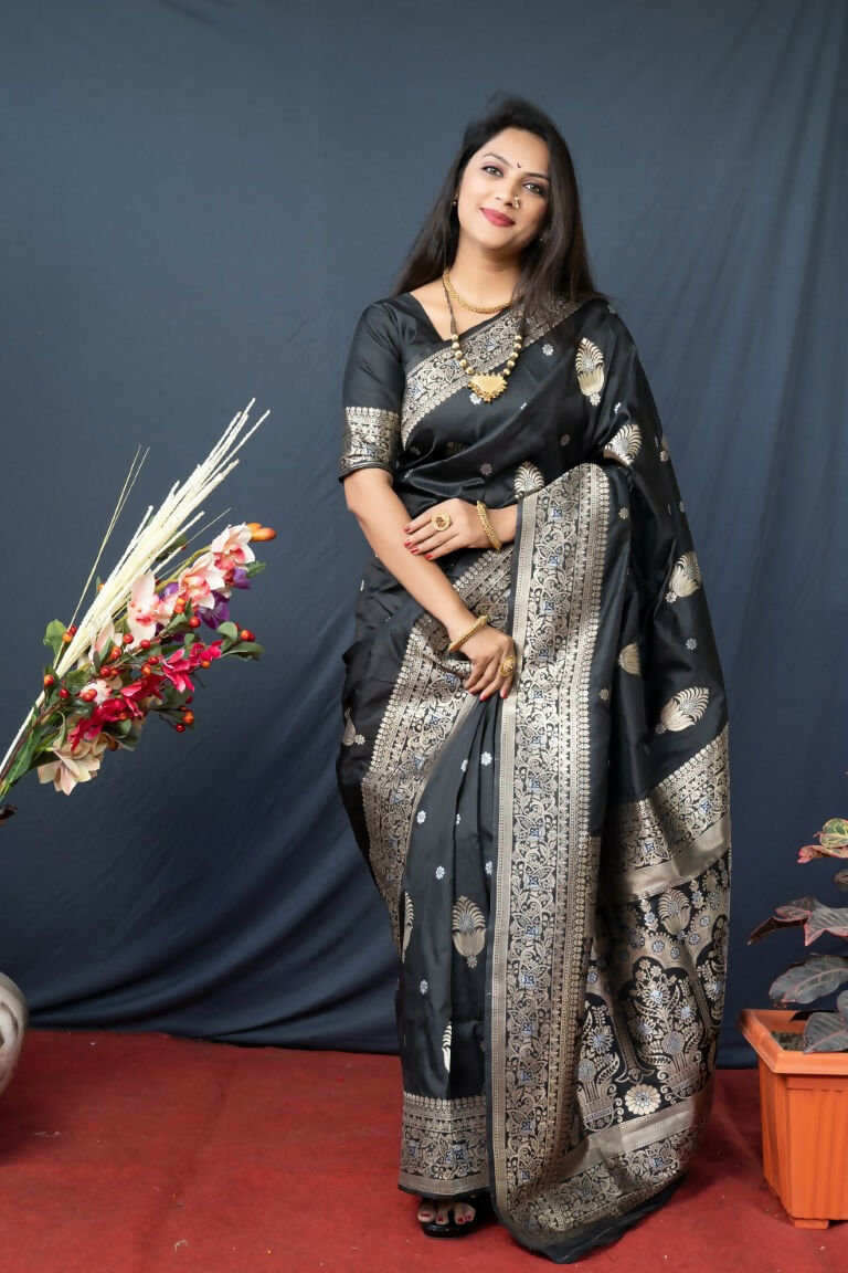 Jyoti Fashion Women's Black Paithani Silk Zari Woven Saree with Blouse | Swadesiicart