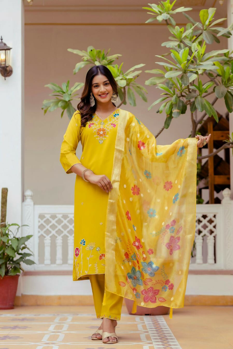 The52 Yellow Women's Gorgeous Embroidered work Viscose Gadhwal Fabric Straight Kurta, Pant and Dupatta Set - Swadesiicart