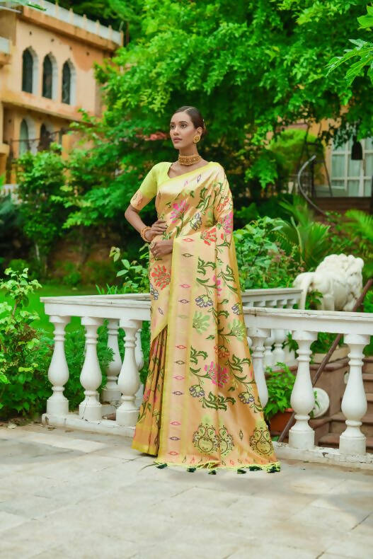 Vishnu Weaves Women's Parrot Green Paithani Silk Zari Woven Saree with Unstitched Blouse - Swadesiicart