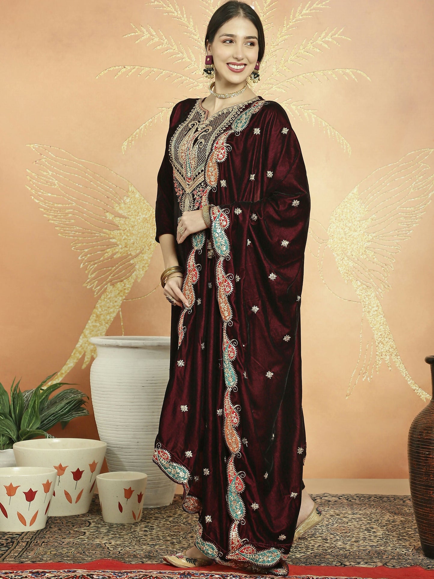 Jyoti Fashion Women's Maroon Velvet Cording with Resham Thread & Sequin Kurta with Trouser & Dupatta | Swadesiicart