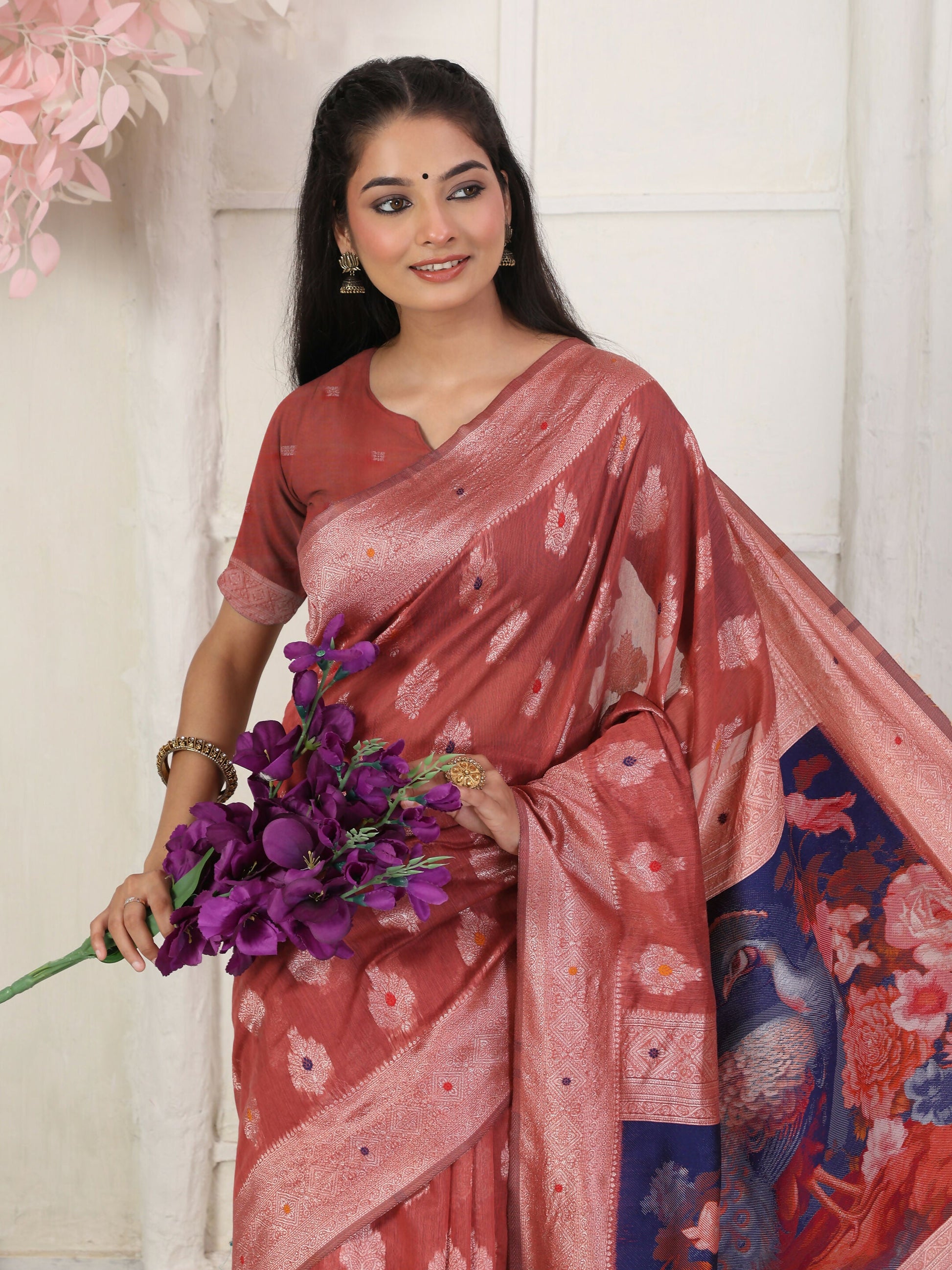 Shree Shyam Fashion Linen Cotton Rust Saree