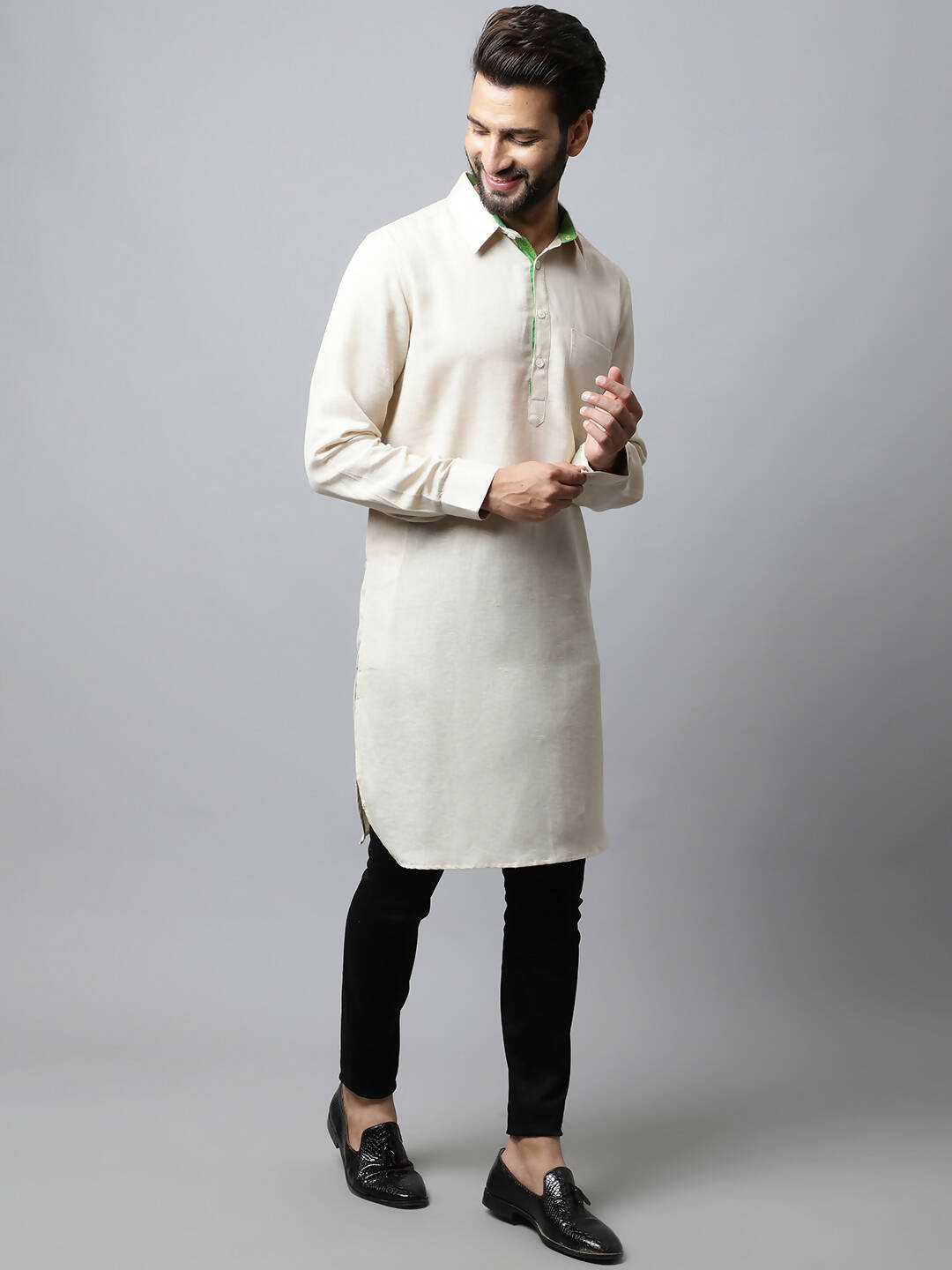 Even Apparels Cream Color Cotton Solid Men's Kurta With Shirt Collar (LN027) | Swadesiicart