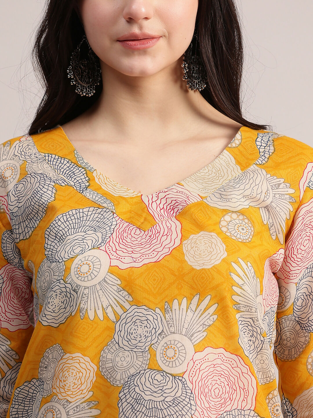 Aavyora Women Yellow Floral Printed Kurta with Striped Pants & Dupatta Set - Swadesiicart