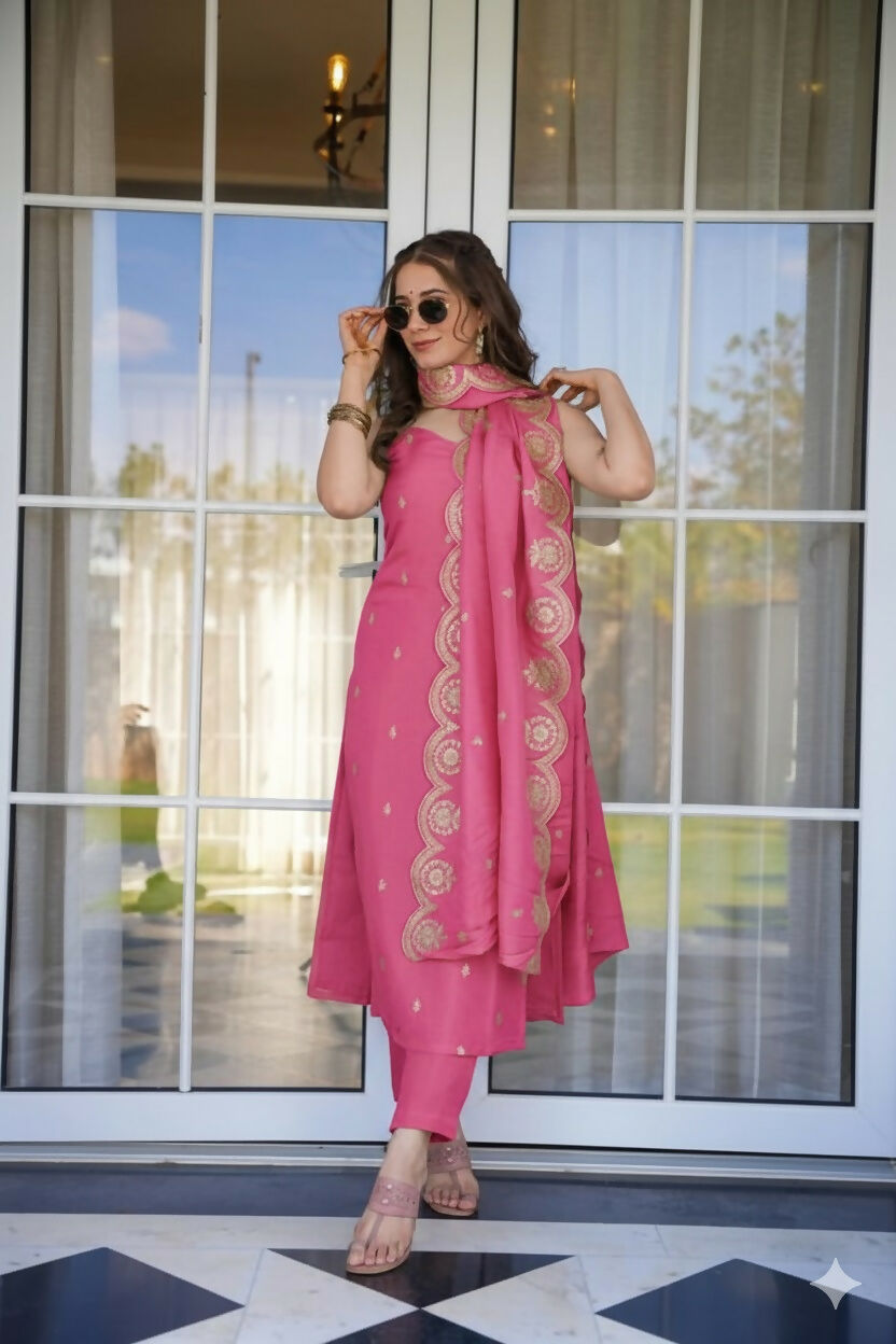 The52 Peach Women's Viscose Zari Chanderi Fabric Embroidered Work Straight Kurta, Pant and Dupatta Set - Swadesiicart
