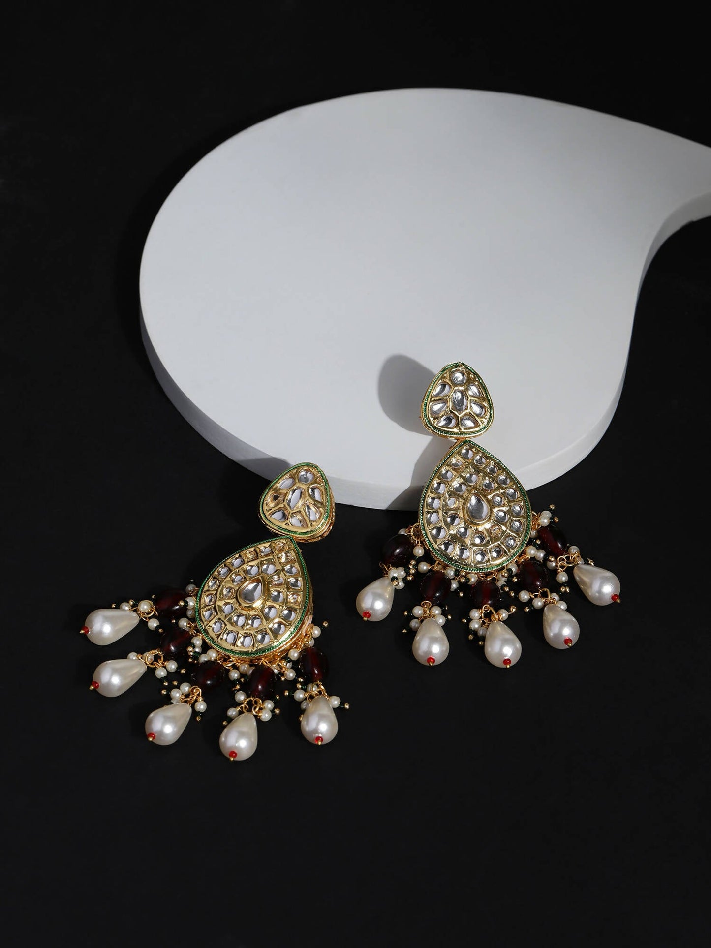 Gold-Toned White Kundan Contemporary Gold-Polished Jhumkas Earrings - Ruby Raang | Swadesiicart