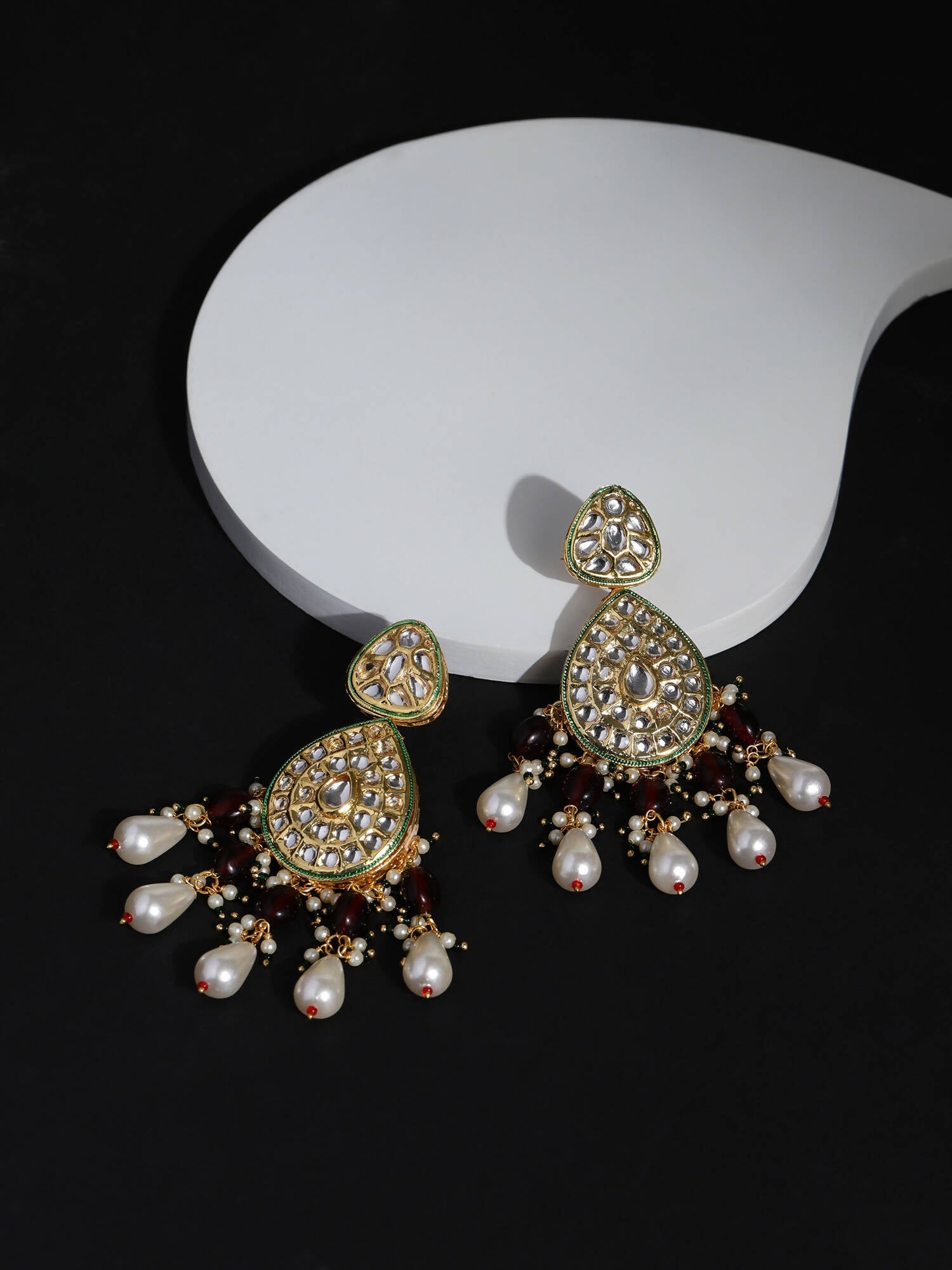 Gold-Toned White Kundan Contemporary Gold-Polished Jhumkas Earrings - Ruby Raang | Swadesiicart