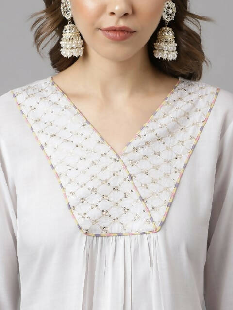 FIORRA Women's White Cotton A-Line Kurta Pant With Dupatta - Swadesiicart