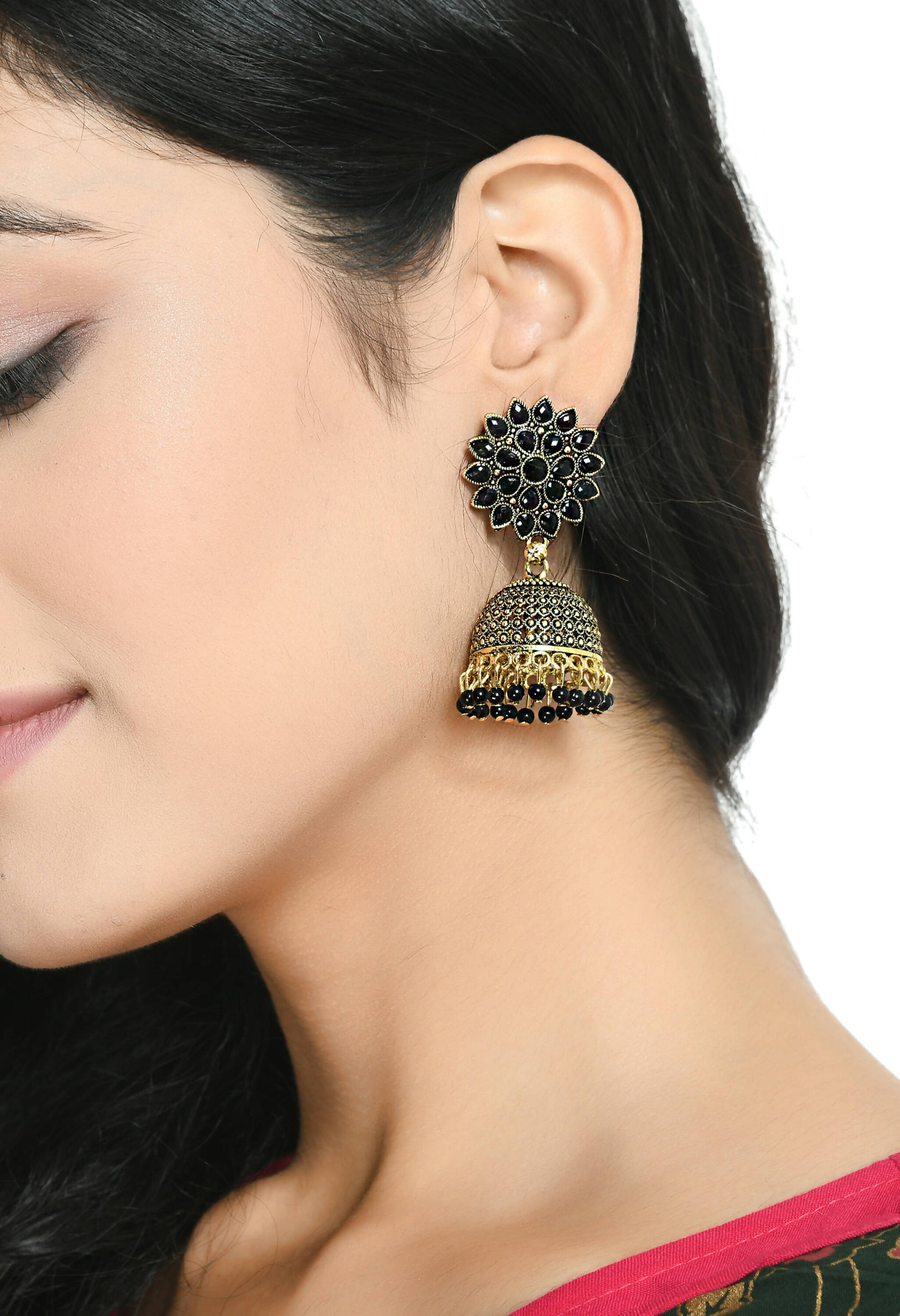 Mominos Fashion Joharkamal Kundan work Jhumka with Black Beads - Swadesiicart