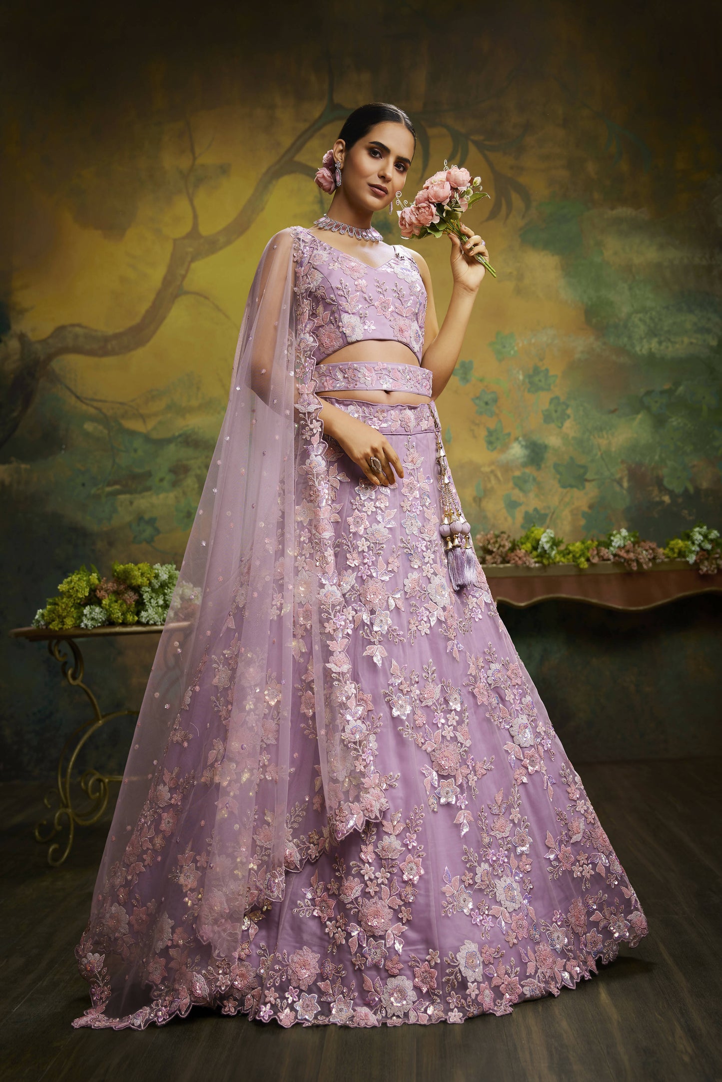 House of Panchhi Mauve Net Sequins with heavy Zarkan embroidery Lehenga choli & Dupatta | Swadesiicart