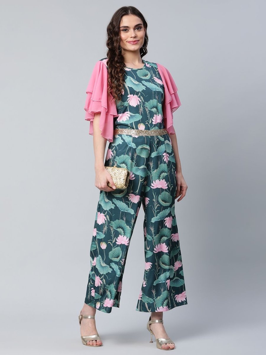 Ahalyaa Women's Dark Green Crepe Printed Jumpsuit | Swadesiicart