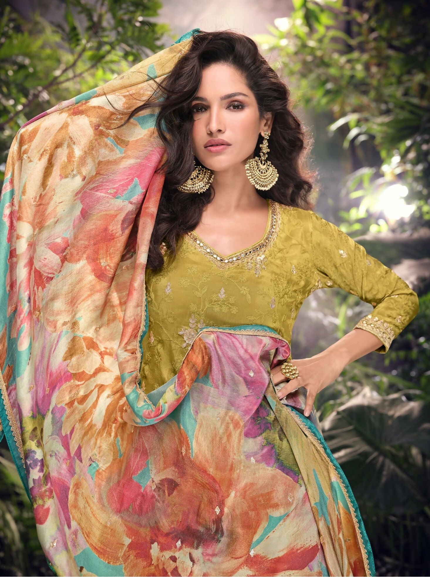 Anaita Mustard Embroidered Shimmer Stitched Plazo suit