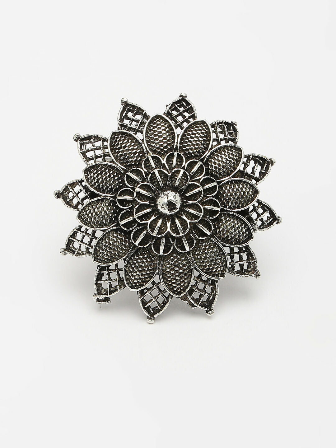 NVR Women's Silver-Toned Floral Shape Adjustable Finger Ring | Swadesiicart