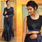 Navy Blue Tom Silk Plain Ready To Wear Saree With Stitched Blouse - Satiksha | Swadesiicart