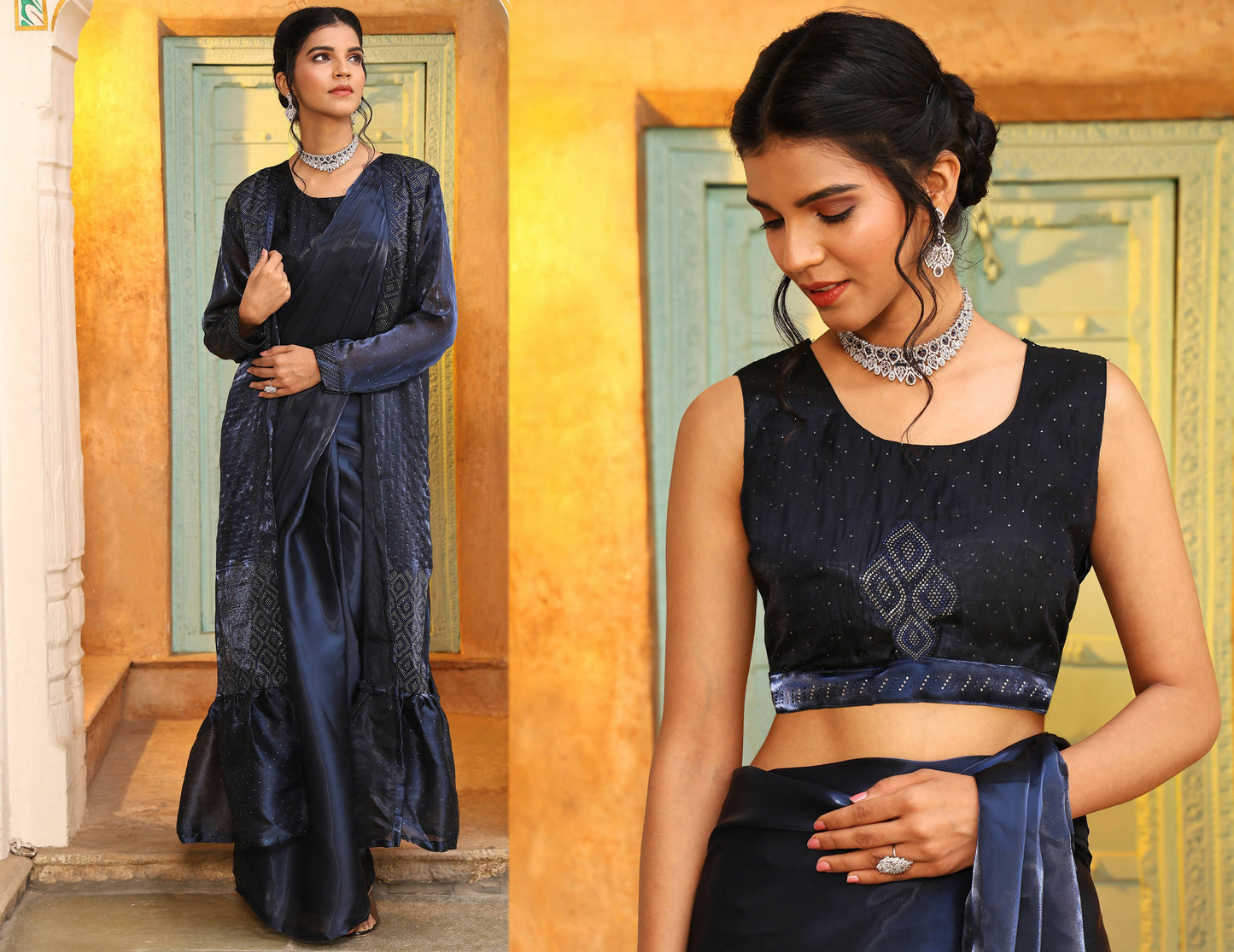 Navy Blue Tom Silk Plain Ready To Wear Saree With Stitched Blouse - Satiksha | Swadesiicart