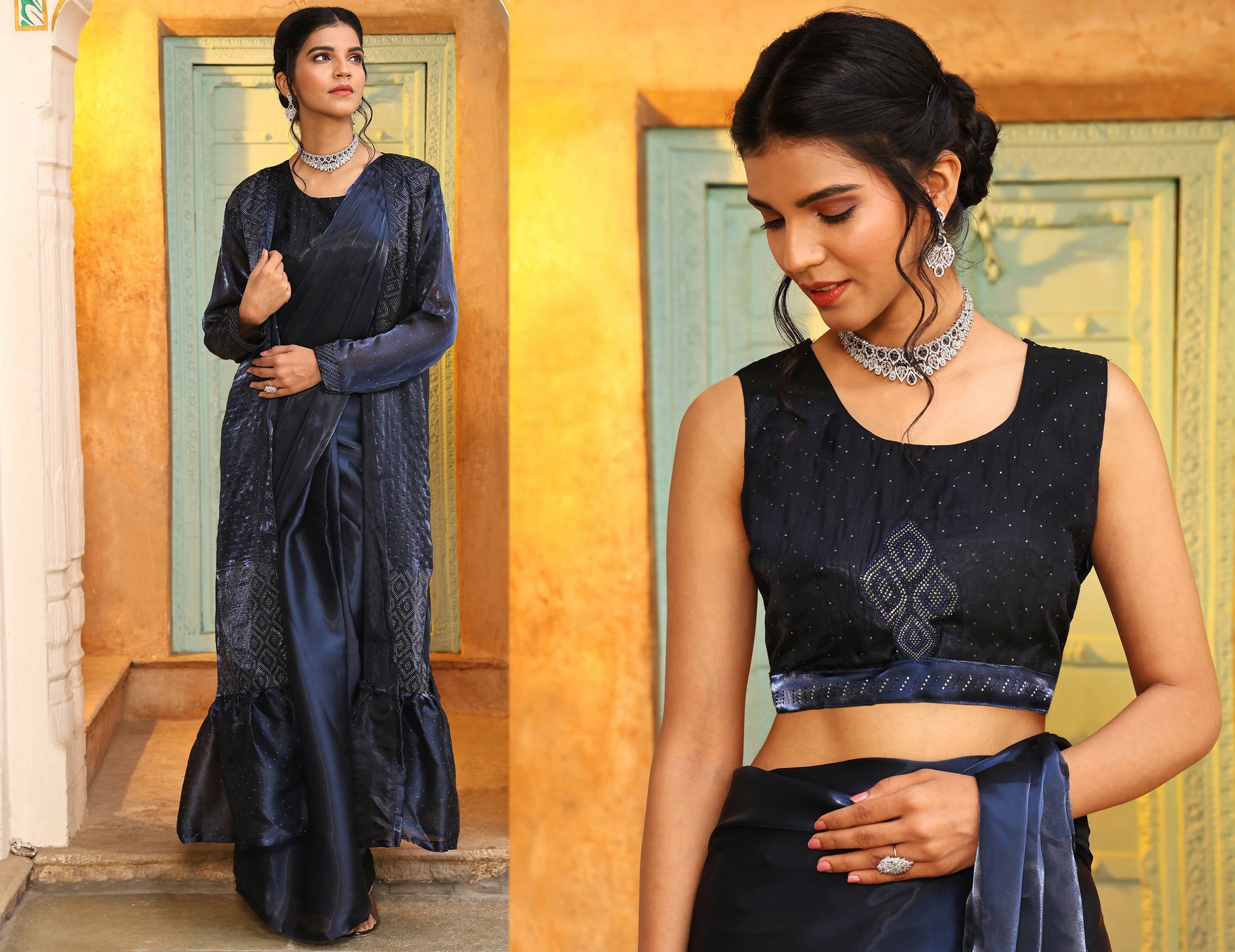 Navy Blue Tom Silk Plain Ready To Wear Saree With Stitched Blouse - Satiksha | Swadesiicart