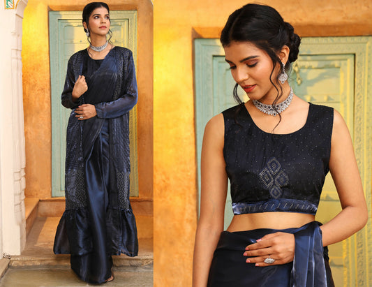 Navy Blue Tom Silk Plain Ready To Wear Saree With Stitched Blouse - Satiksha | Swadesiicart