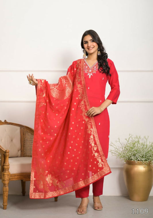 Festive Wear Ethnic Red Viscose Chanderi Stitched Suit With Dupatta - Tanisha | Swadesiicart