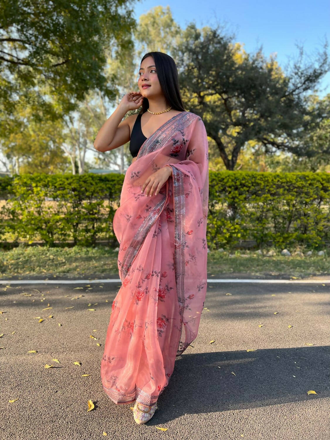 Vamsee Peach Organza Saree - Swadesiicart