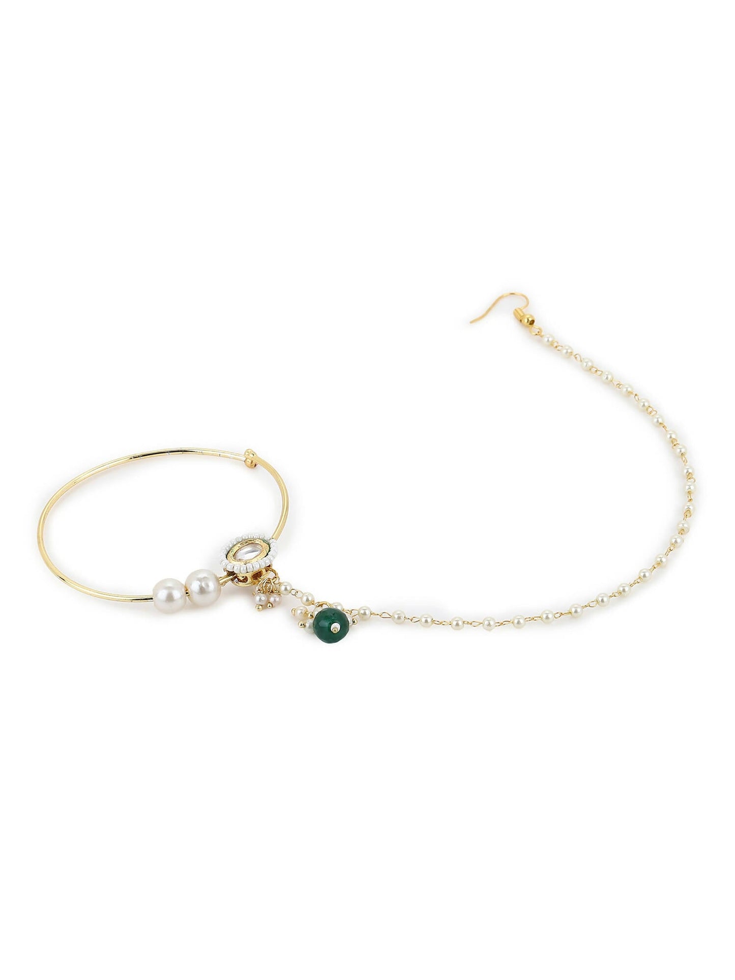 Gold-Polished White Green Kundan-Studded Pearl Beaded Nosepin - Ruby Raang | Swadesiicart