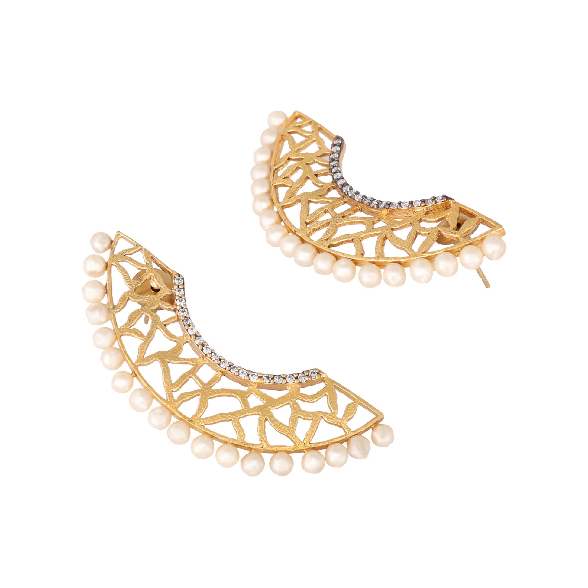 Nuyug 22K Gold-Plated Zircon Studded & Pearl Beaded Contemporary Shaped Statement Stud Earrings | Swadesiicart