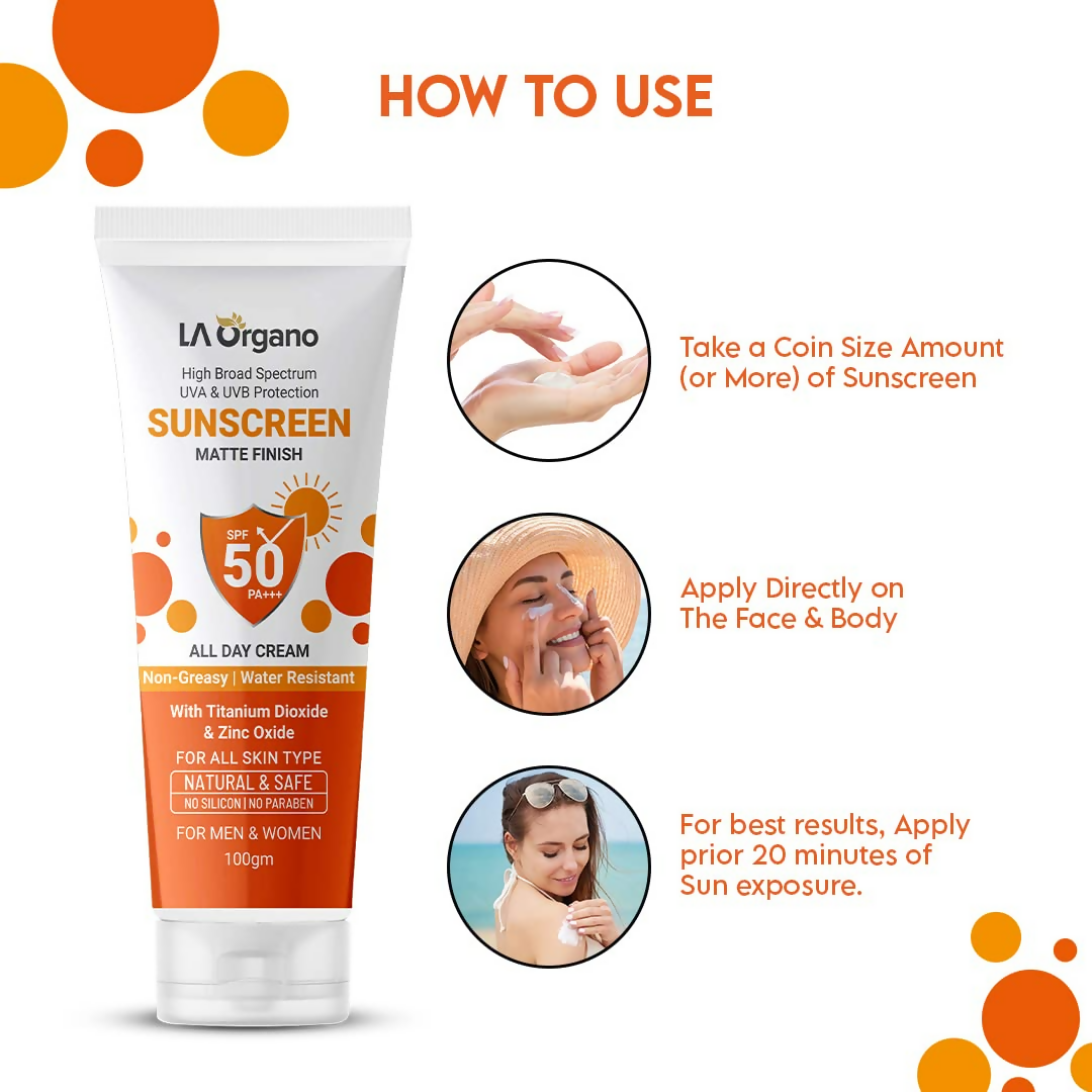 LA Organo Sunscreen Matte Finish All Day Cream SPF 50 PA+++ UVA/UVB Protection | Swadesiicart