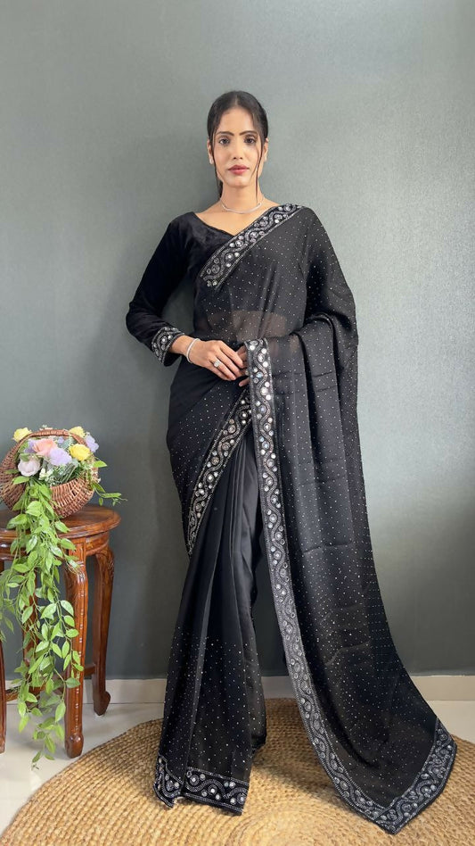 Vastranavya Black Rangoli Silk Real Mirror work with Swarovski work Ready to Wear Saree | Swadesiicart