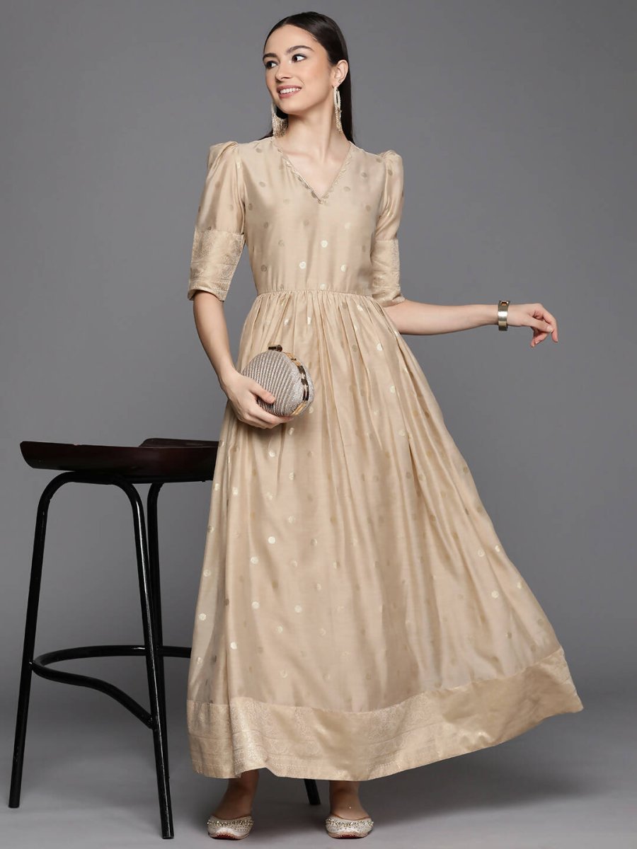 Ahalyaa Women's Beige Chanderi Gold Foil Print Dress | Swadesiicart
