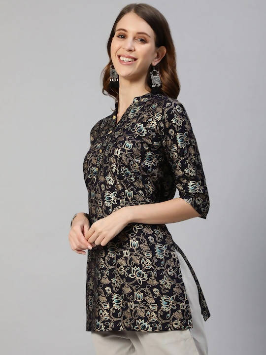 Anubhutee Navy Blue & Gold Ethnic Motifs Foil Printed Kurti | Swadesiicart