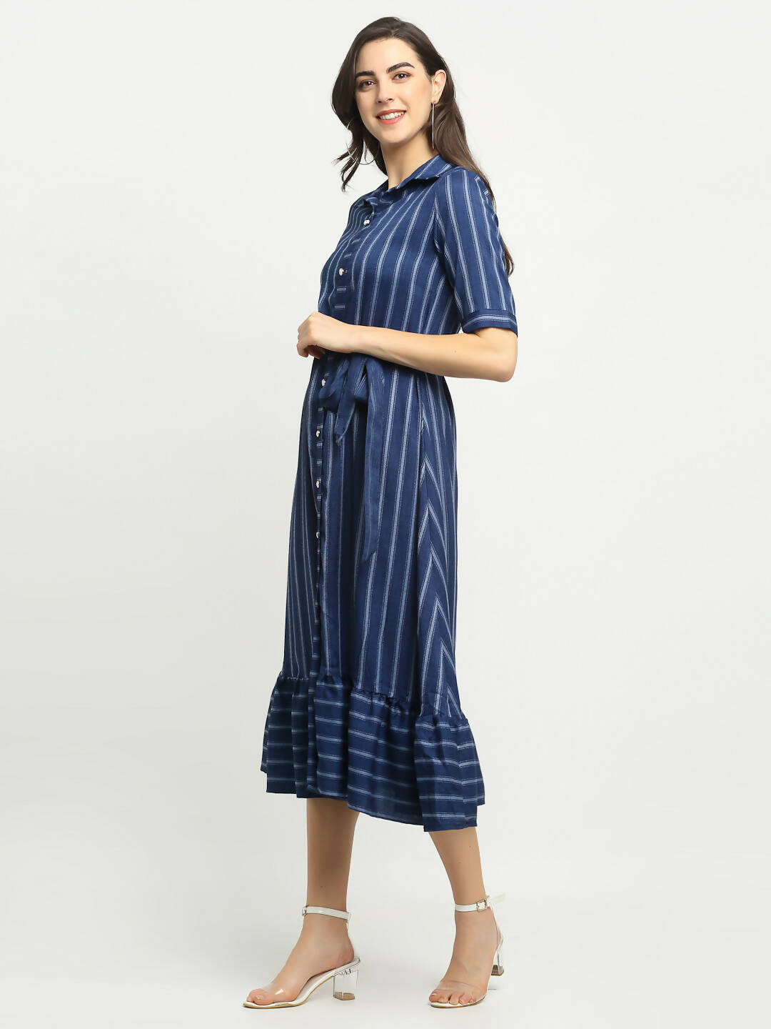 Rudra Bazaar Blue A-Line Striped Kurta | Swadesiicart