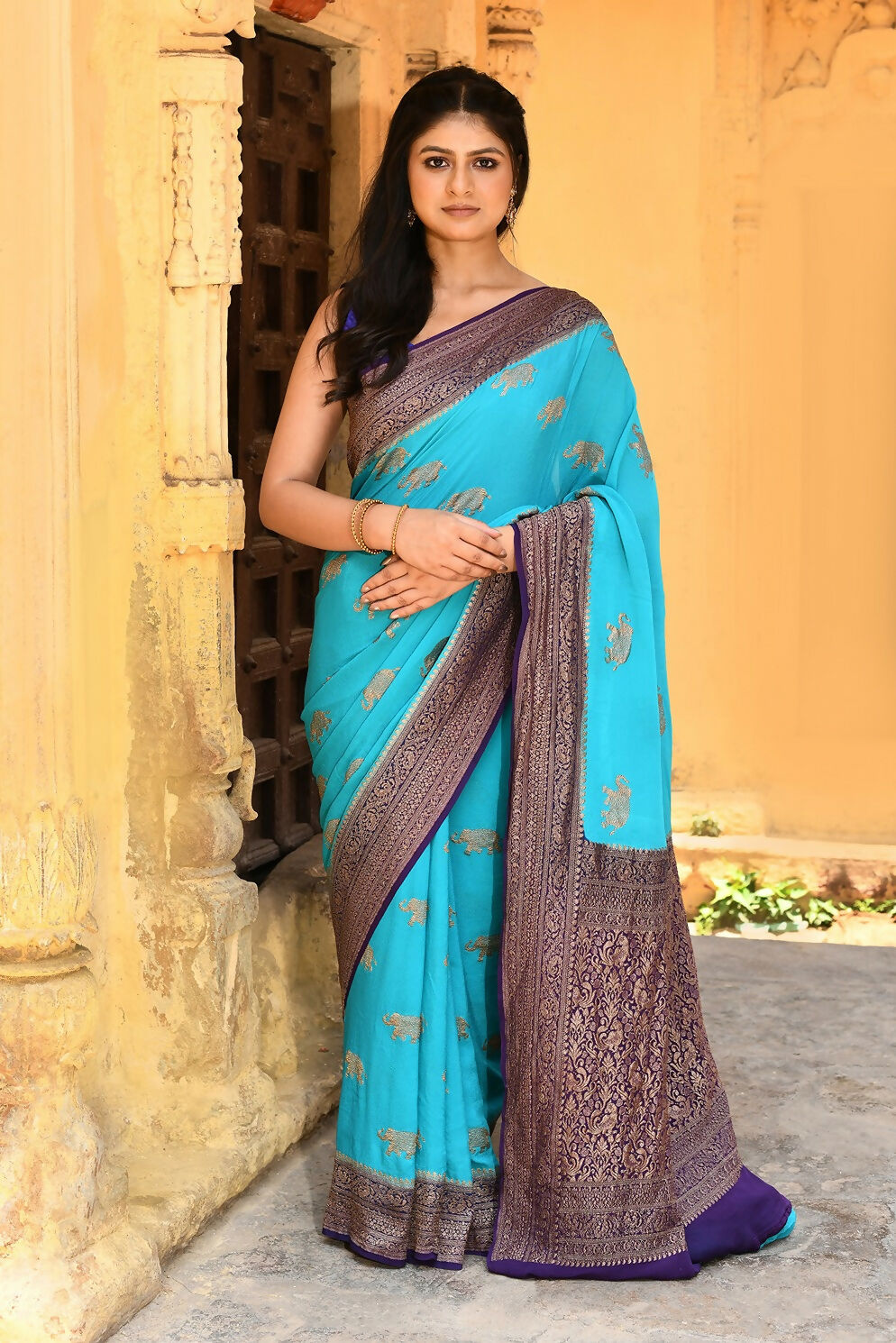 Joban Fashion Sky Blue Crepe Chiffon Pure Handloom Banarasi Silk Saree | Swadesiicart