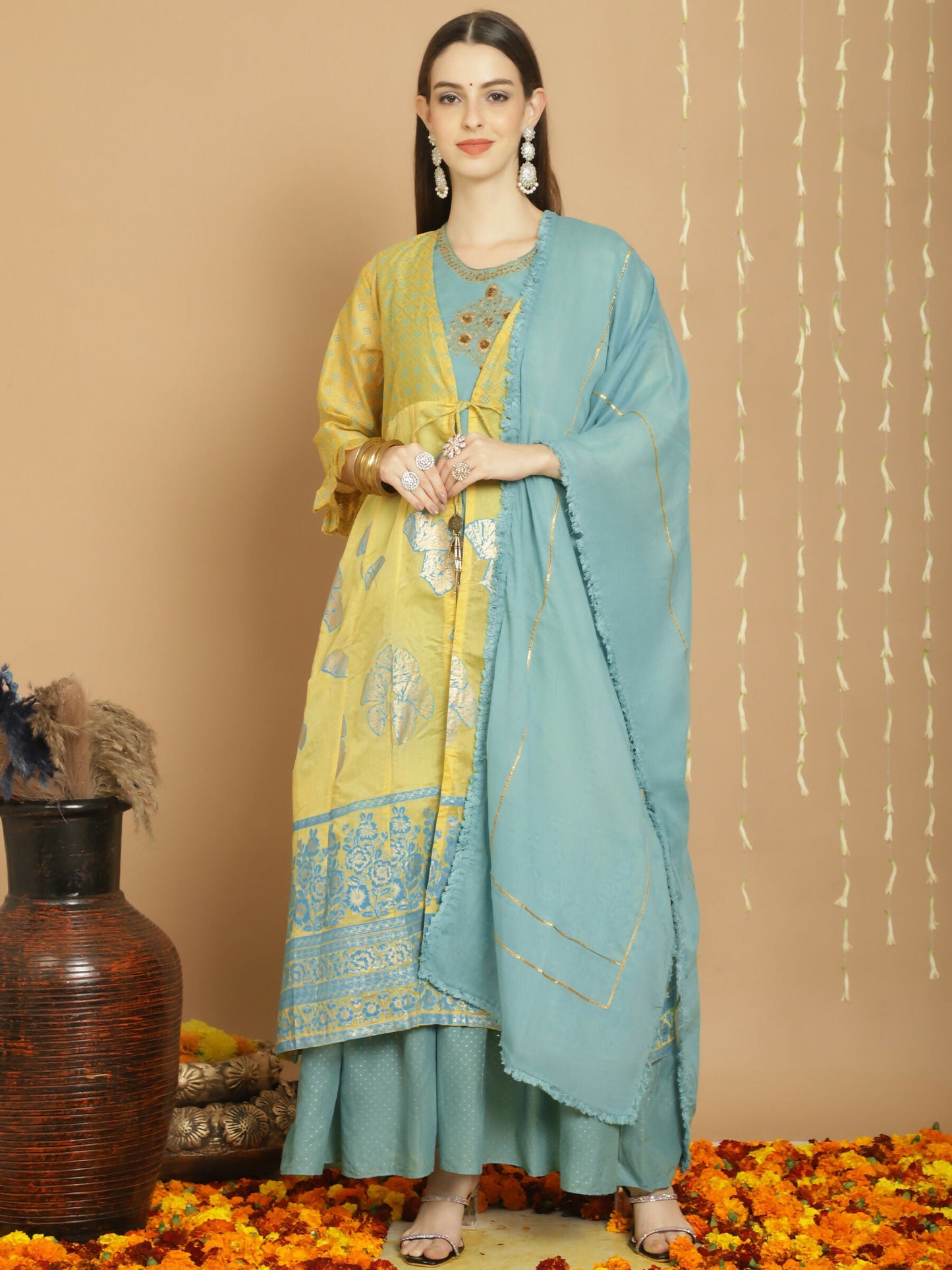 Jyoti Fashion Women's Yellow Chanderi Silk Elegant Jardoshi Kurta with Trouser & Dupatta | Swadesiicart