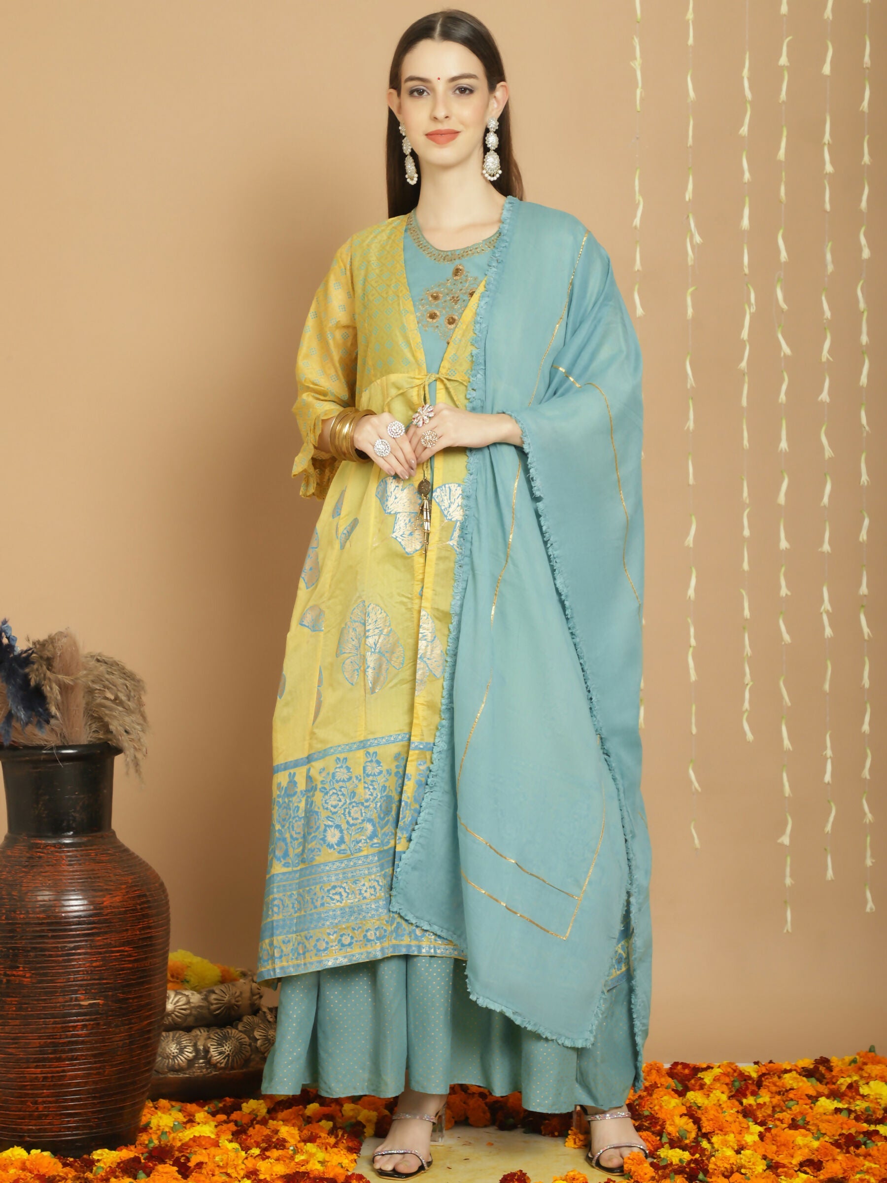 Jyoti Fashion Women's Yellow Chanderi Silk Elegant Jardoshi Kurta with Trouser & Dupatta | Swadesiicart