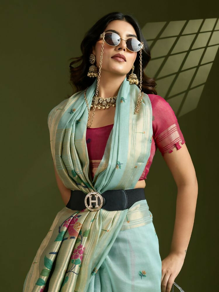 Vishnu Weaves Women's Firozi Muga Cotton Thread Woven Butti with Blouse - Swadesiicart