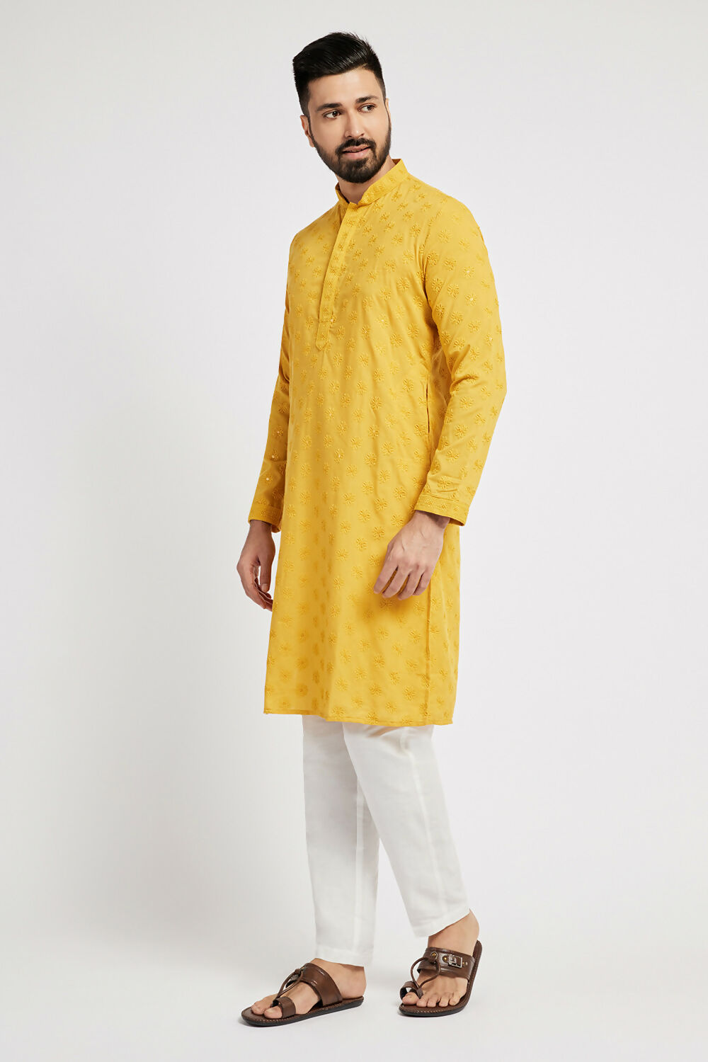 Ethnic India Yellow Men's Kurta Ethnic Motifs Cotton | Swadesiicart