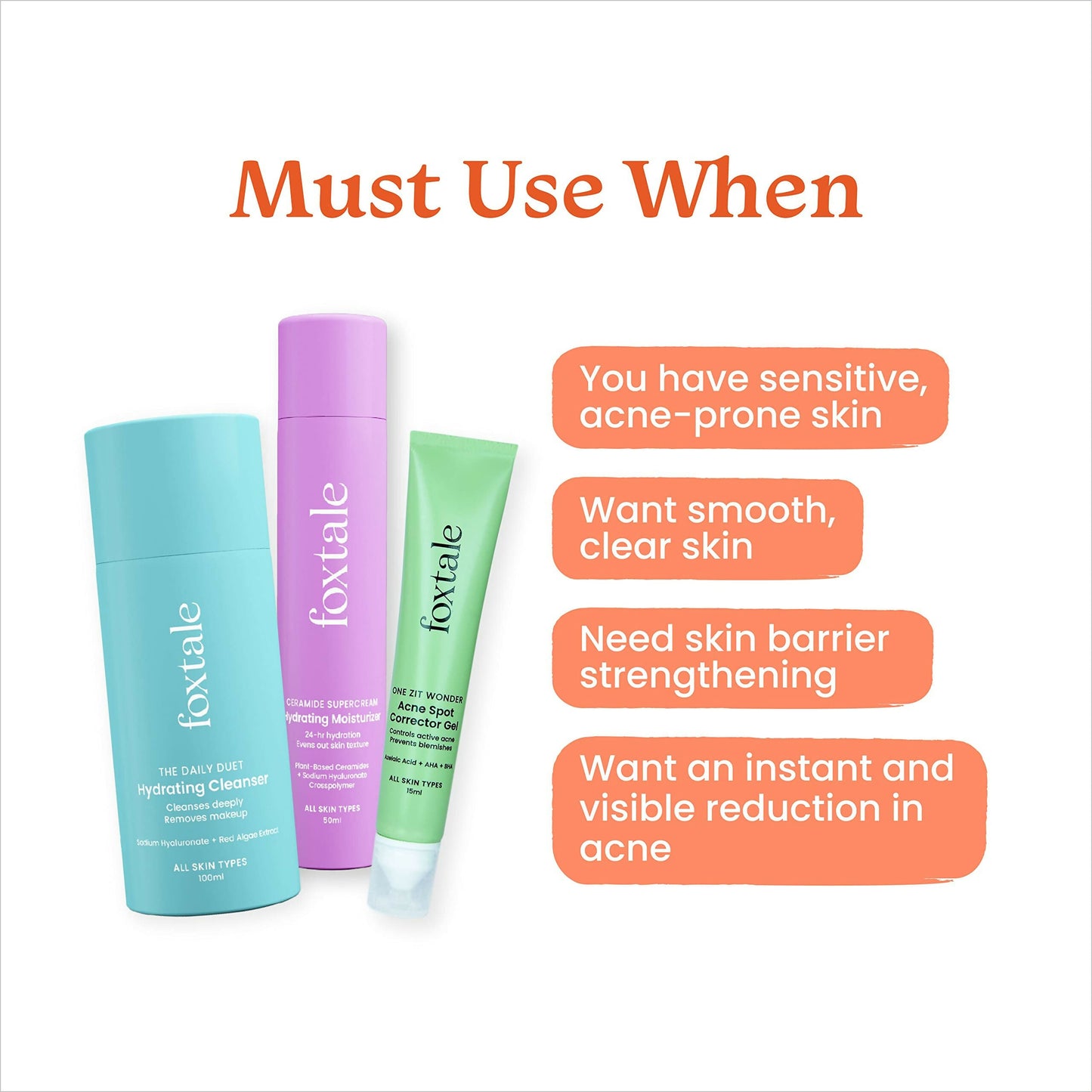 Foxtale ABC of Acne Control Trio Skin Care Kit: Acne Spot Correct Gel + Cleanser Face Wash + Ceramide Moisturizer | Swadesiicart
