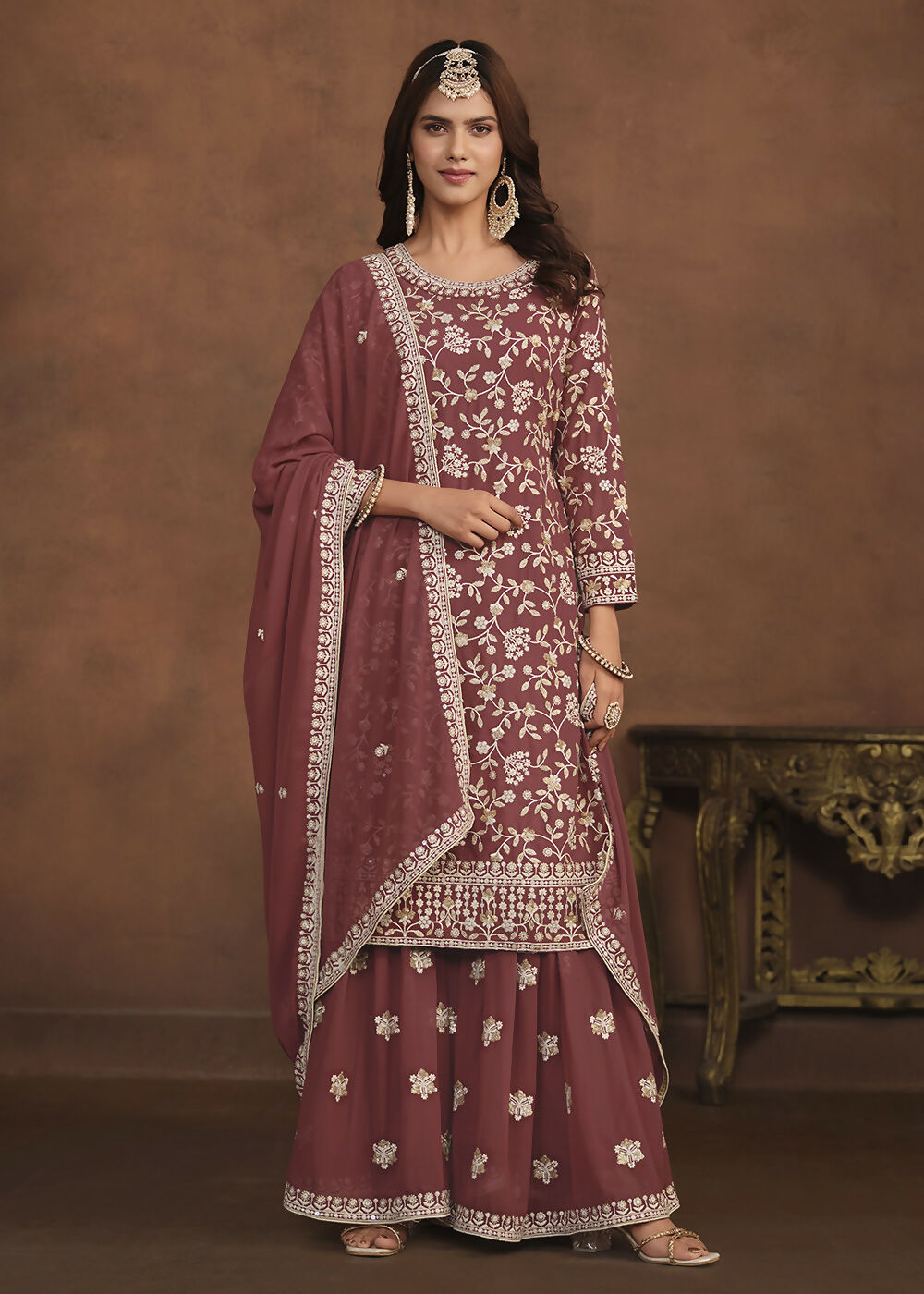 Faux Georgette Taupe Mauve Embroidered Festive Salwar Suit - Emponline | Swadesiicart
